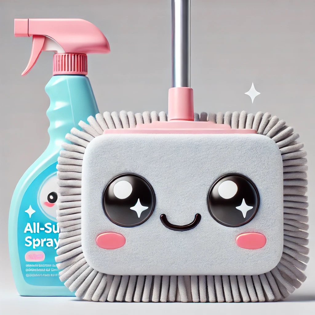 Grey and pink floor mop with a cute face.