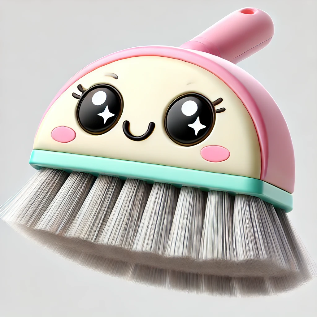 Pink and beige hand broom with a cute face.