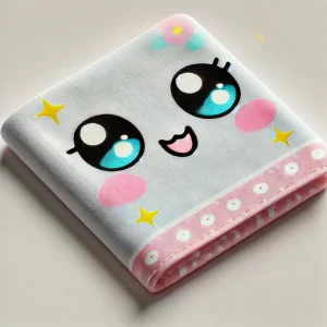 White and pink kitchen towel with a cute face