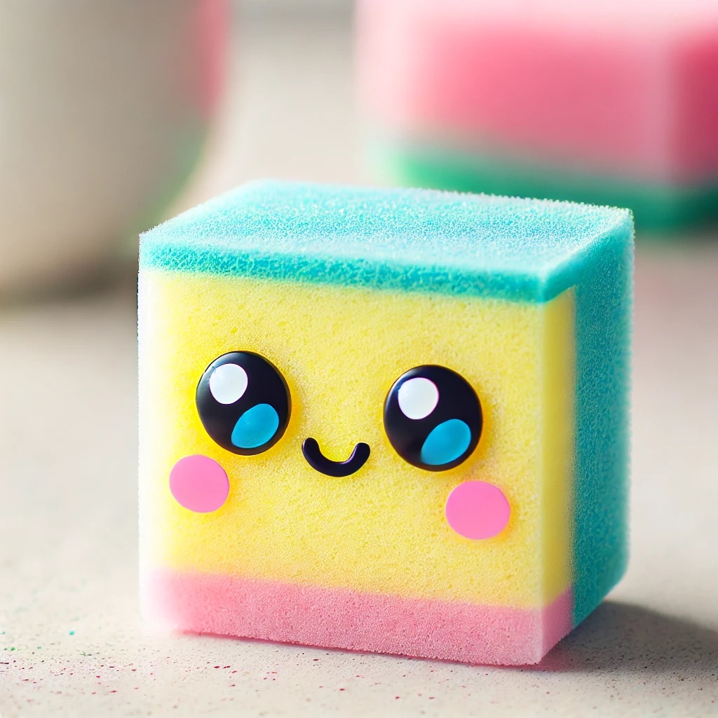 Yellow and blue sponge with a cute face.